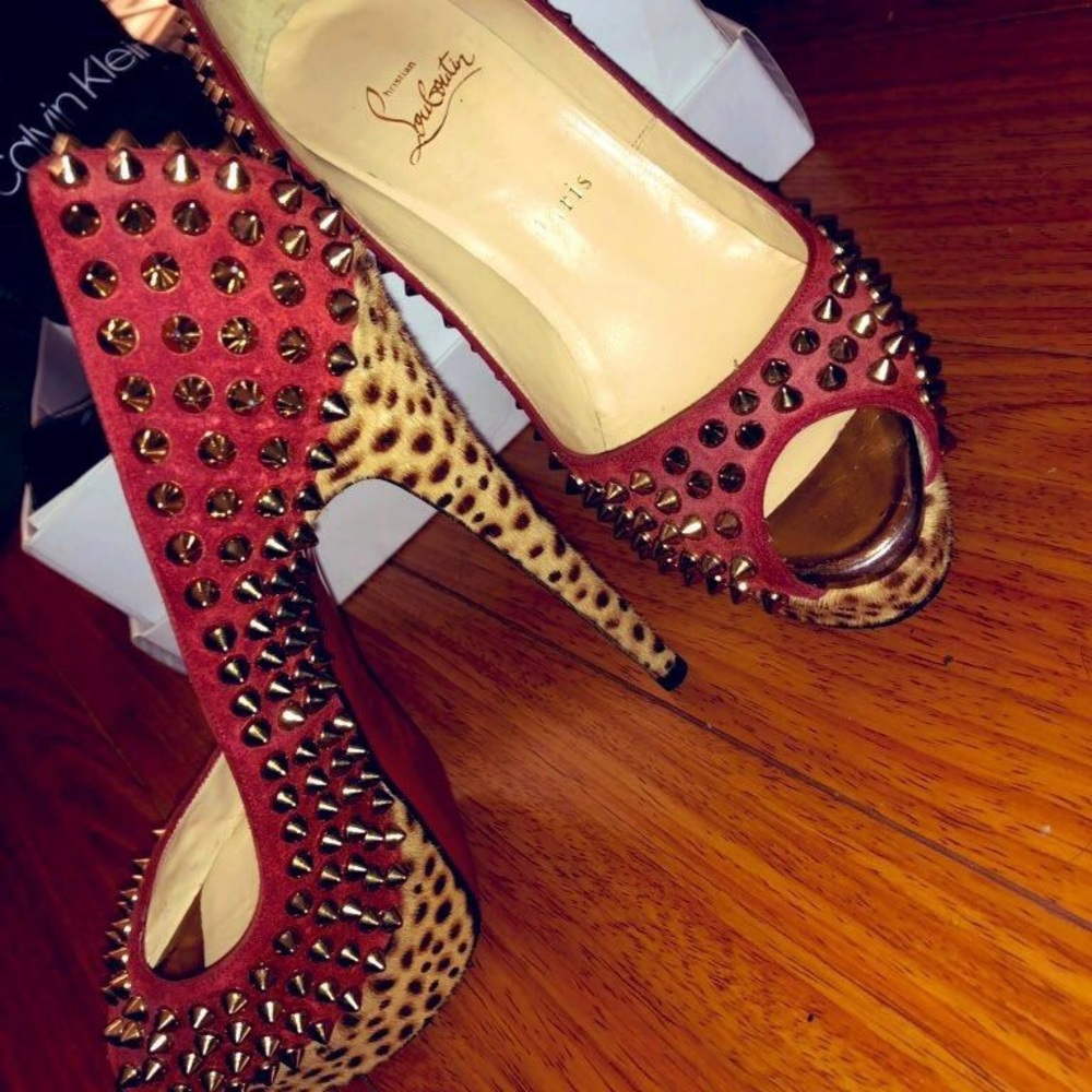 Red Suede Leopard Pony Hair Lady Peep Spikes Pumps